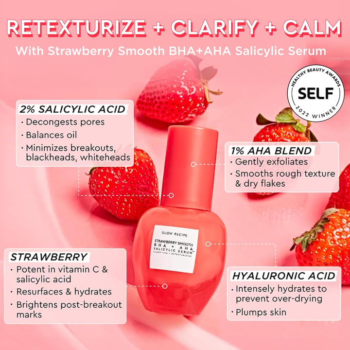 Glow Recipe Strawberry Smoothing Salicylic Acid Serum - Blemish Clarifying Skin Care, AHA BHA Exfoliant + Pore Minimizer + Plumping Hyaluronic Acid + Brightening Allantoin - Korean Face Serum, 30Ml