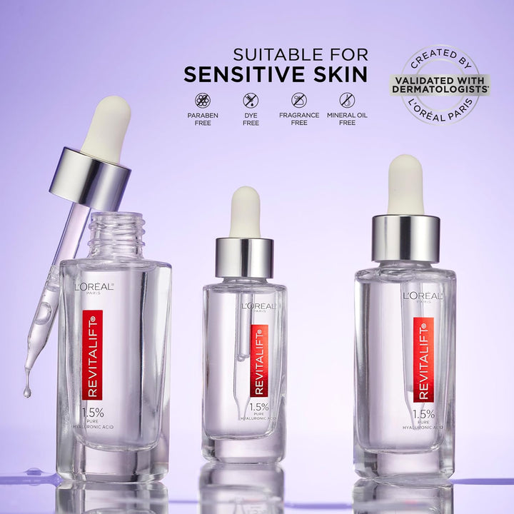 L'Oreal Paris Revitalift 1.5% Pure Hyaluronic Acid Face Serum, Hydrate & Reduce Wrinkles, Fragrance Free 1.7 Oz
