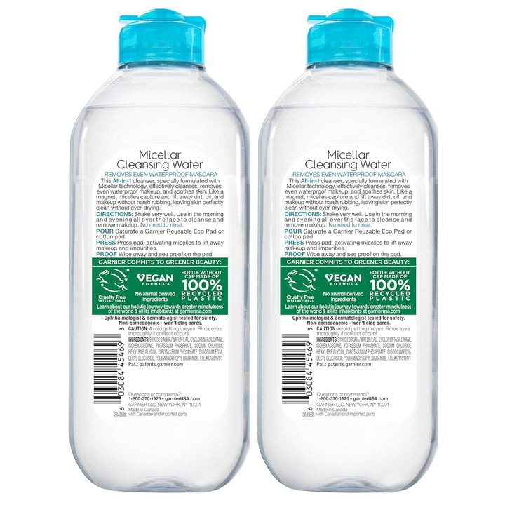 Garnier Micellar Water for Waterproof Makeup, Hydrating Facial Cleanser & Makeup Remover, Suitable for Sensitive Skin, Vegan, Cruelty Free, 13.5 Fl Oz (400Ml), 2 Count