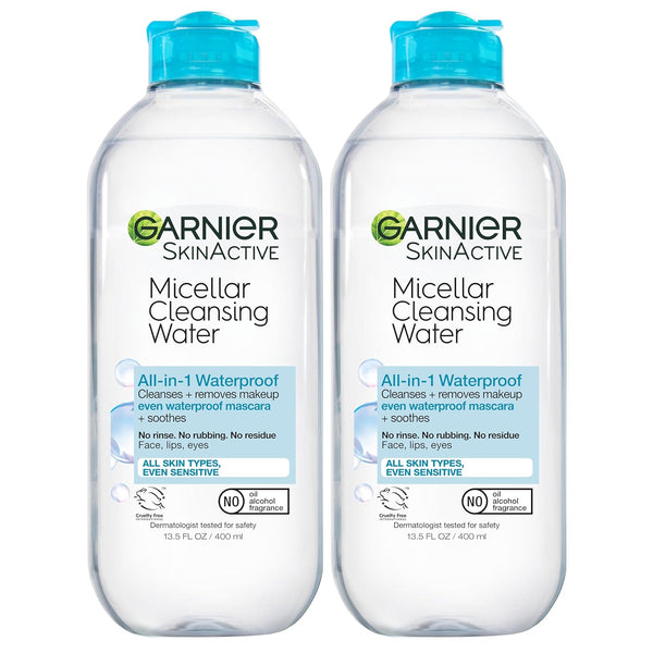 Garnier Micellar Water for Waterproof Makeup, Hydrating Facial Cleanser & Makeup Remover, Suitable for Sensitive Skin, Vegan, Cruelty Free, 13.5 Fl Oz (400Ml), 2 Count