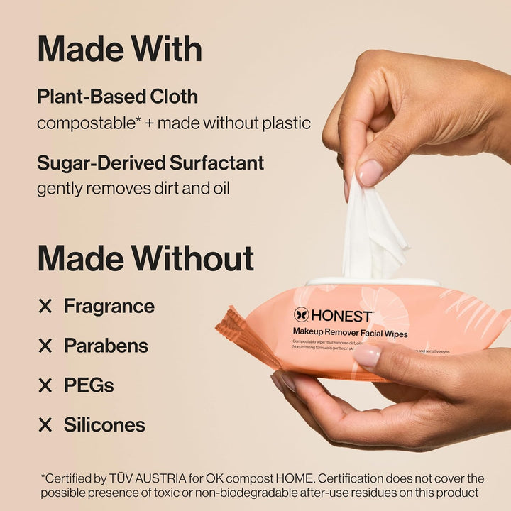 Honest Beauty Fragrance Free Cleansing Makeup Remover Facial Wipes | Plant Based, Hypoallergenic, Gentle for Sensitive Skin | 90 Count
