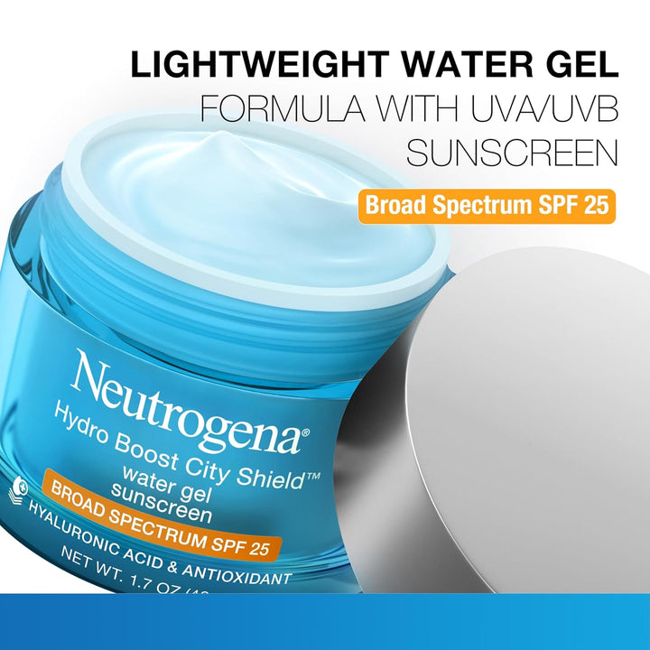 Neutrogena Hydro Boost City Shield Water Gel Face Moisturizer with Broad Spectrum SPF 25, Hydrating Facial Sunscreen with Hyaluronic Acid, Oil-Free and Non-Comedogenic Face Lotion, 1.7 Oz