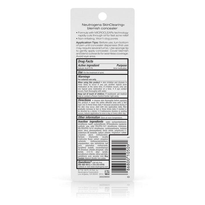 Neutrogena Skinclearing Blemish Concealer Face Makeup with Salicylic Acid Acne Medicine, Non-Comedogenic and Oil-Free Concealer Helps Cover, Treat & Prevent Breakouts, Medium 15,.05 Oz