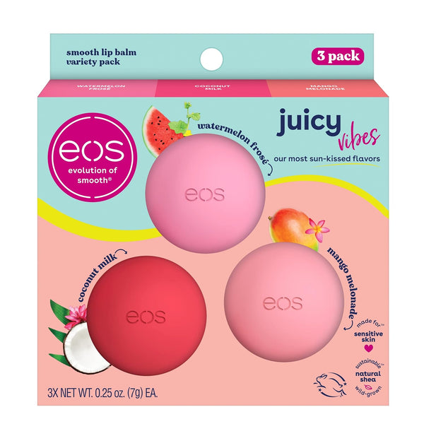 Eos Juicy Vibes Lip Balm Variety Pack- Watermelon Frosé, Mango Melonade & Coconut Milk, All-Day Moisture Lip Care Products, 0.25 Oz, 3-Pack