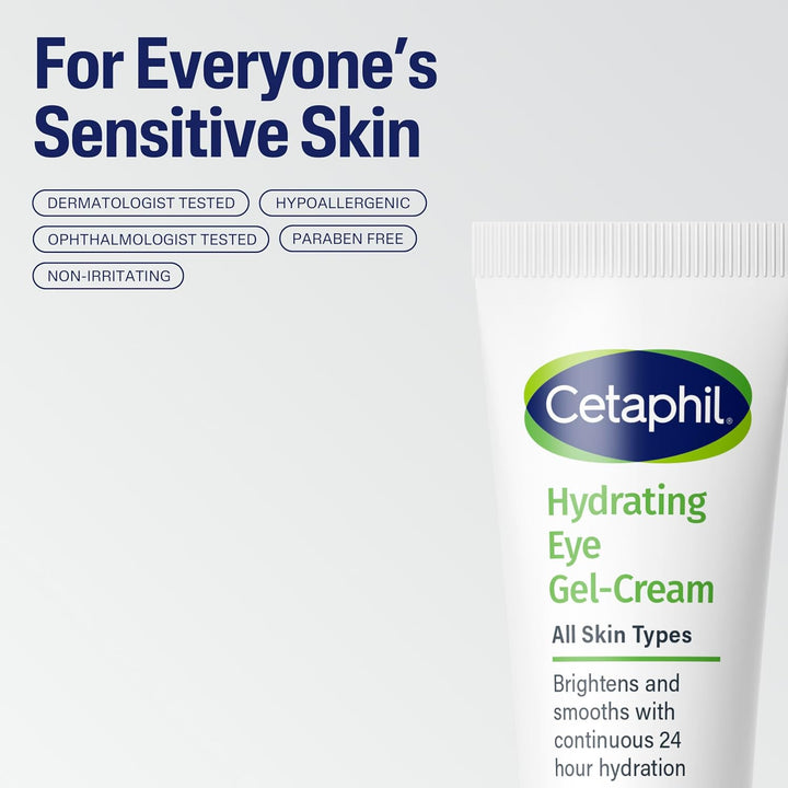 Cetaphil Hydrating Eye Gel-Cream, with Hyaluronic Acid, 0.5 Fl Oz, Brightens and Smooths under Eyes, 24 Hour Hydration for All Skin Types, (Packaging May Vary)