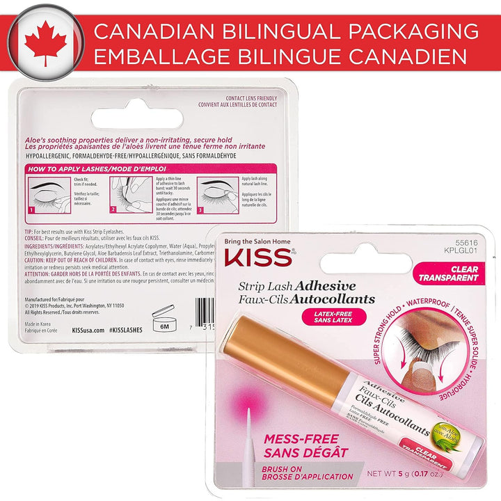 KISS Clear Strip Lash Adhesive with Aloe, Waterproof, Formaldehyde and Latex Free, Odor Free, Cruelty Free, Super Strong Hold Eyelash Glue with Brush Applicator, 0.17 Oz.