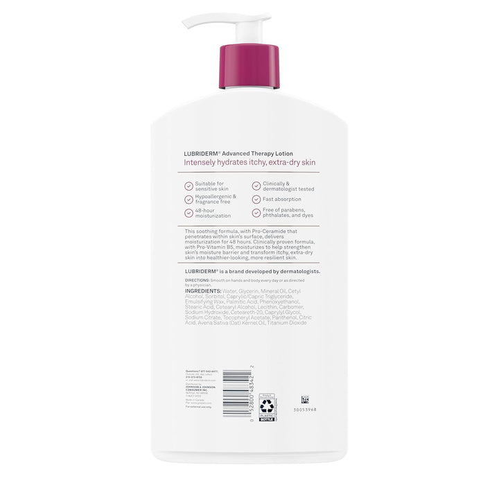 Lubriderm Advanced Therapy Fragrance Free Hand & Body Lotion + Pro-Ceramide, Intense Hydration for Itchy, Extra Dry, & Sensitive Skin, Non-Greasy, Hypoallergenic, Value Size, 32 Fl. Oz