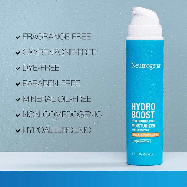Neutrogena Hydro Boost Hyaluronic Acid Face Moisturizer with Sunscreen, Broad Spectrum SPF 50, Fragrance Free Facial Moisturizer to Hydrate & Soothe Dry Skin, 1.7 Fl. Oz