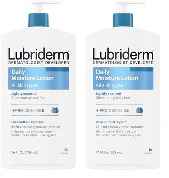 Lubriderm Daily Moisture Lotion + Pro-Ceramide with Shea Butter and Glycerin Helps Moisturize Dry Skin, Hydrating Face, Hand and Body Lotion, Lightly Scented, Non-Greasy, 24 FL OZ