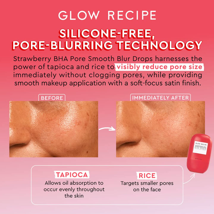 Glow Recipe Strawberry BHA Serum + Poreless Face Primer for Makeup - Silicone-Free Blurring Matte Primer to Reduce Shine & Prolong Wear - Hybrid Korean Skin Care for Oil Control & Smooth Texture, 30Ml