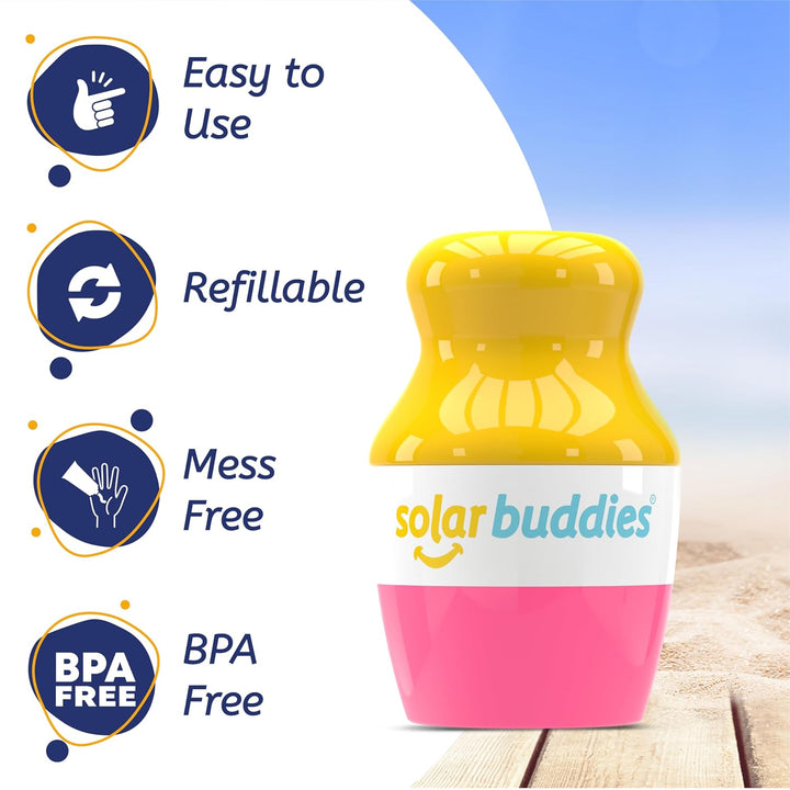 Solar Buddies Sunscreen Applicator - Pink Pack of 2 - Bpa-Free Refillable Roll on Sponge Sunscreen, Suncream & Lotion Applicator for Kids, Adults & Families - Holds 3.4Fl Oz, Perfect Size for Travel