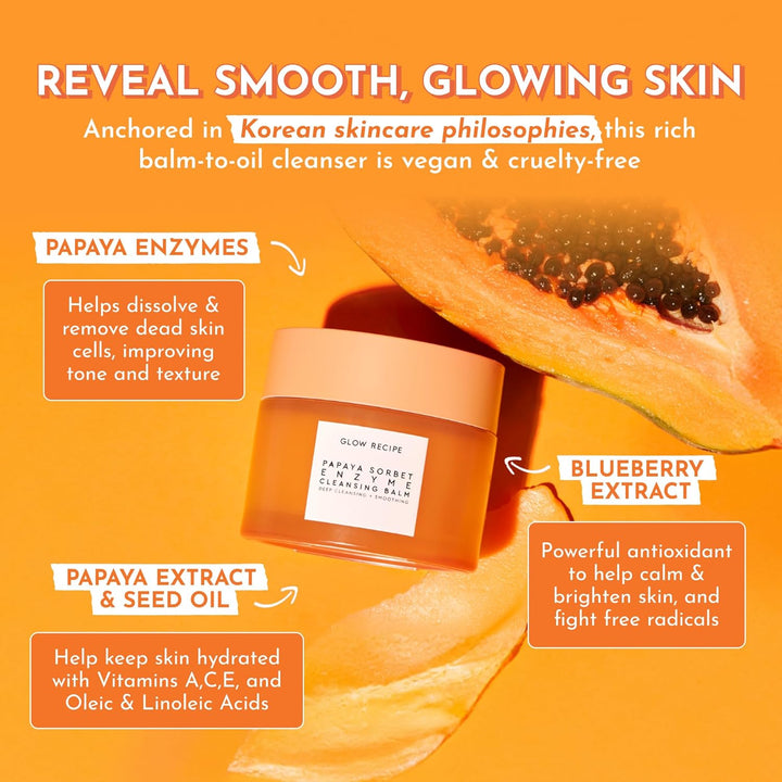 Glow Recipe Papaya Enzyme Cleansing Balm Makeup Remover - Gentle Exfoliator, Makeup Melting Balm & Face Cleanser for Women - Exfoliating Face Wash to Even Skin Tone & Lock-In Facial Hydration (3.38Oz)