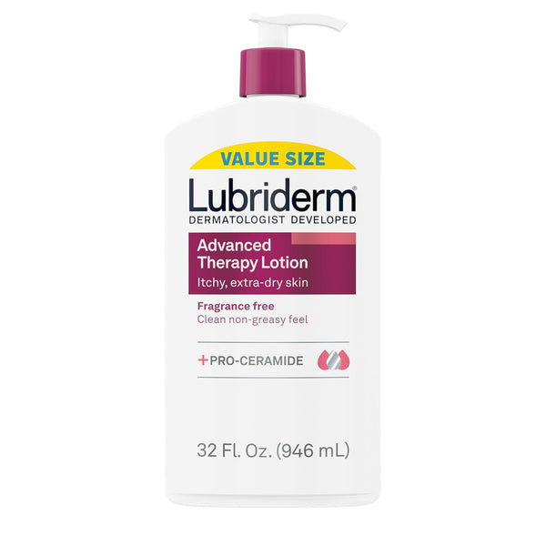 Lubriderm Advanced Therapy Fragrance Free Hand & Body Lotion + Pro-Ceramide, Intense Hydration for Itchy, Extra Dry, & Sensitive Skin, Non-Greasy, Hypoallergenic, Value Size, 32 Fl. Oz
