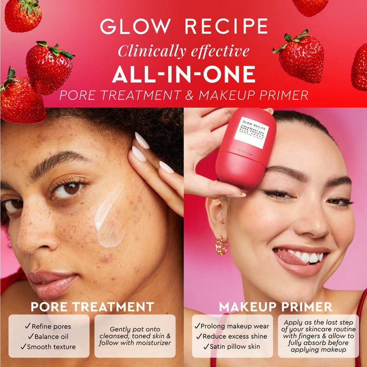Glow Recipe Strawberry BHA Serum + Poreless Face Primer for Makeup - Silicone-Free Blurring Matte Primer to Reduce Shine & Prolong Wear - Hybrid Korean Skin Care for Oil Control & Smooth Texture, 30Ml