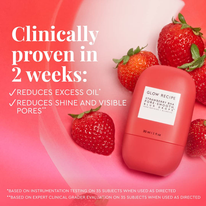 Glow Recipe Strawberry BHA Serum + Poreless Face Primer for Makeup - Silicone-Free Blurring Matte Primer to Reduce Shine & Prolong Wear - Hybrid Korean Skin Care for Oil Control & Smooth Texture, 30Ml