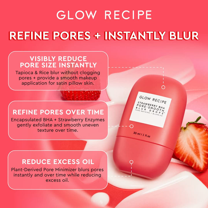 Glow Recipe Strawberry BHA Serum + Poreless Face Primer for Makeup - Silicone-Free Blurring Matte Primer to Reduce Shine & Prolong Wear - Hybrid Korean Skin Care for Oil Control & Smooth Texture, 30Ml