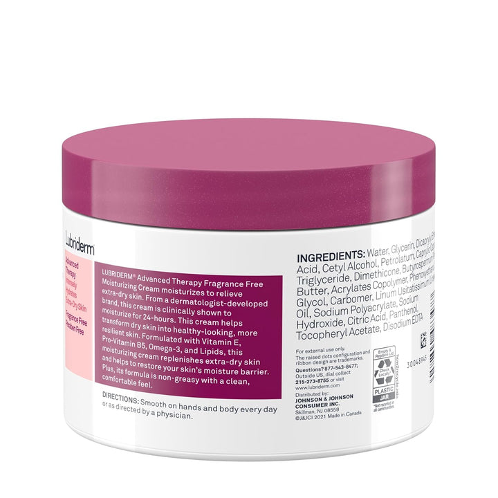 Lubriderm Advanced Therapy Fragrance-Free Moisturizing Cream with Vitamin E and Pro-Vitamin B5, Intense Hydration for Extra Dry Skin, Non-Greasy Formula, 16 Fl. Oz