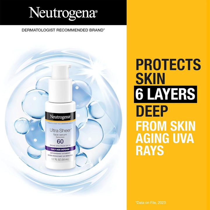 Neutrogena Ultra Sheer Moisturizing Face Serum with Vitamin E & SPF 60, All Day Facial Sunscreen Serum with Broad Spectrum UVA/UVB Protection, Fragrance-Free, Oxybenzone-Free, 1.7 Fl Oz