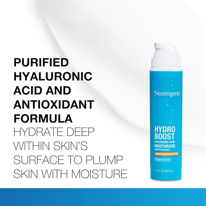 Neutrogena Hydro Boost Hyaluronic Acid Face Moisturizer with Sunscreen, Broad Spectrum SPF 50, Fragrance Free Facial Moisturizer to Hydrate & Soothe Dry Skin, 1.7 Fl. Oz