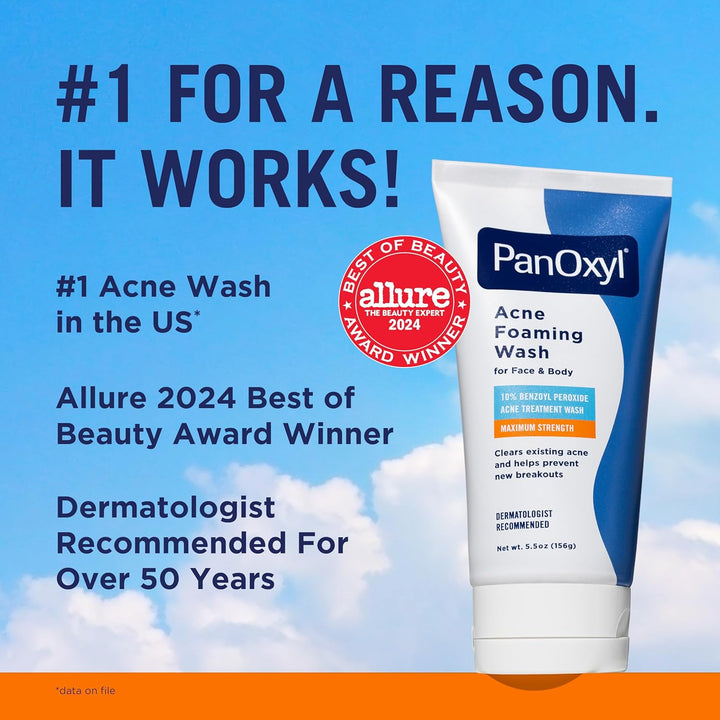 Panoxyl Acne Foaming Wash Benzoyl Peroxide 10% Maximum Strength Antimicrobial, 5.5 Oz
